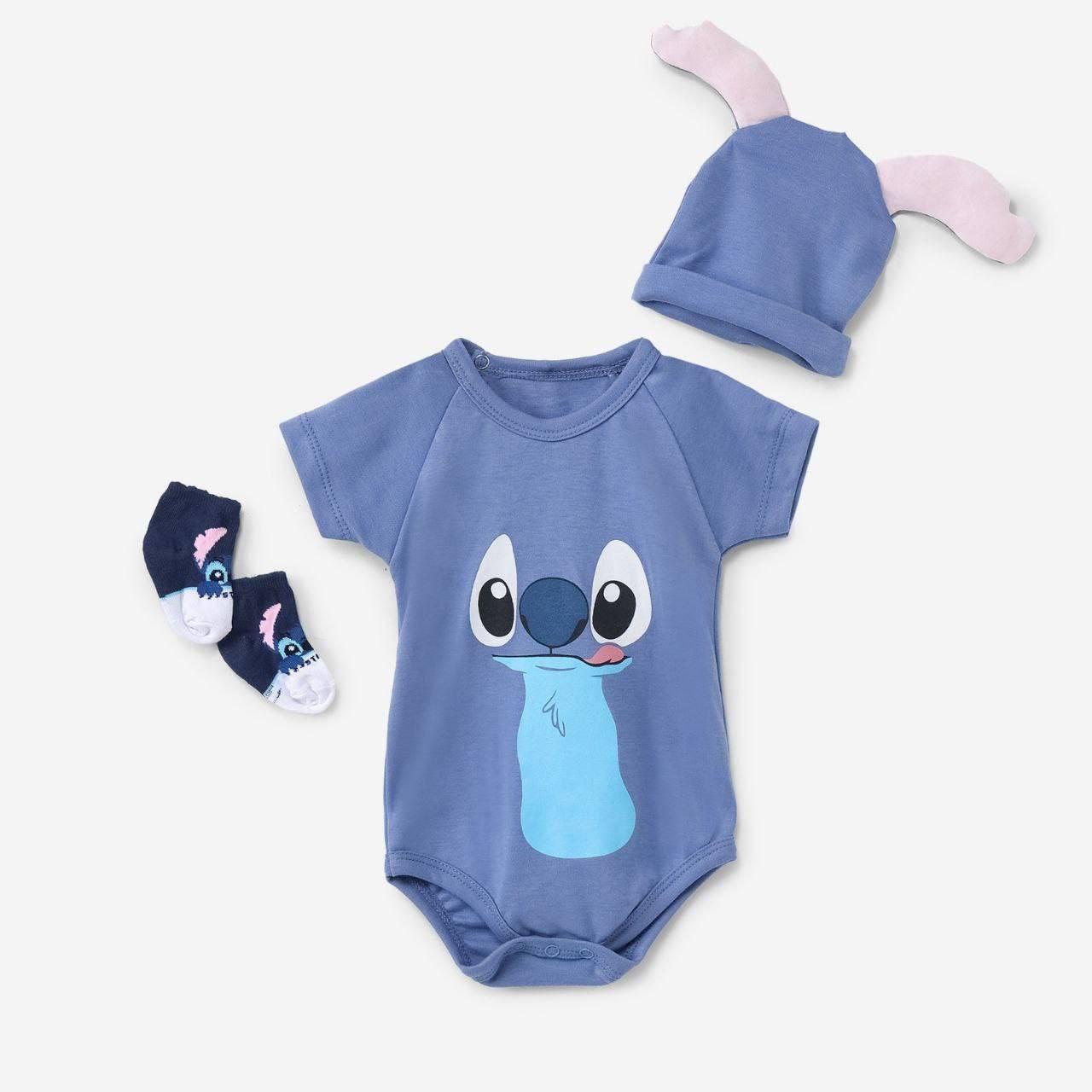 Baby Stitch Bodysuit Set with Matching Hat & Socks – Cute Newborn Outfit 💙👶