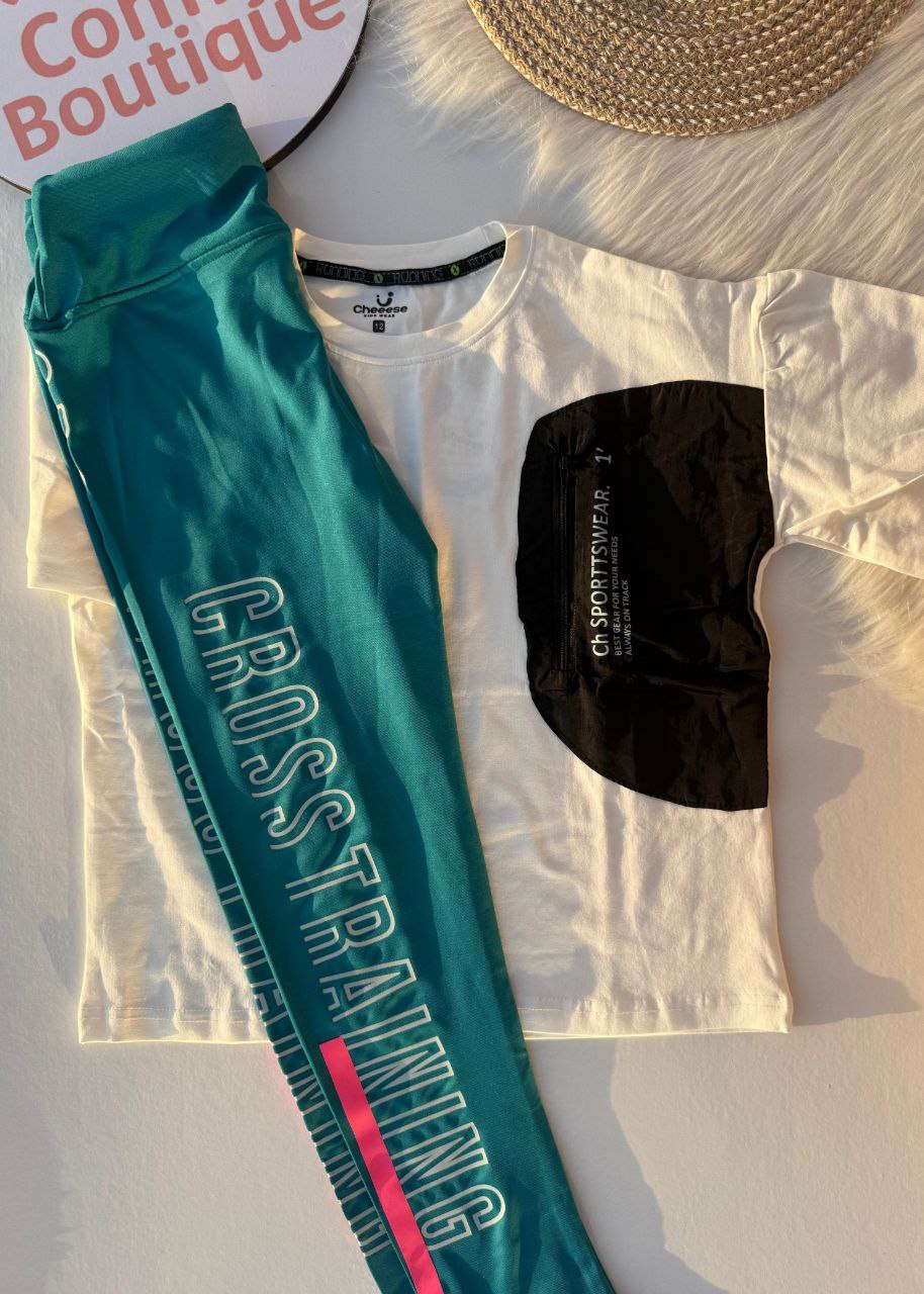 Girls Oversized Pocket Tee & Printed Leggings Set | White & Teal | Casual Sport Outfit