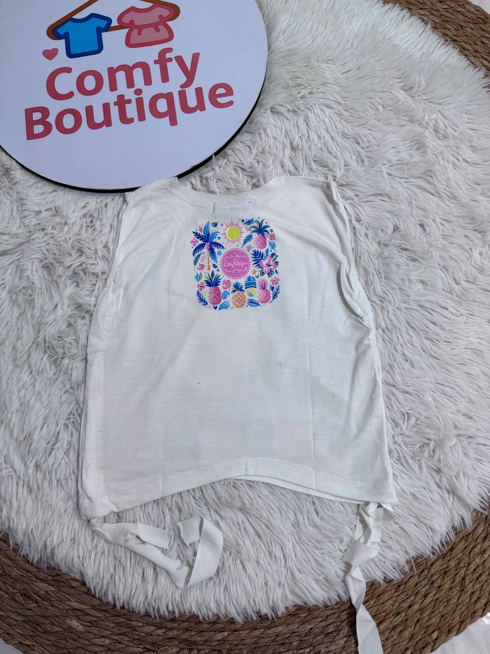 Girls Tropical Pineapple Graphic Sleeveless Top | White Summer Tank | Casual Kids T-Shirt