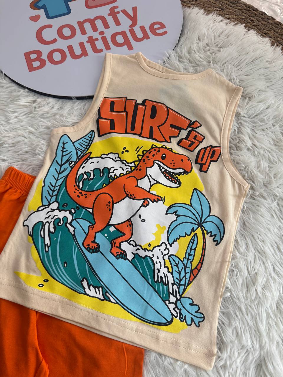 Boys Surfing Dinosaur Summer Outfit | Sleeveless Tank Top & Shorts Set | Soft Cotton Beach Wear | Cream & Green |