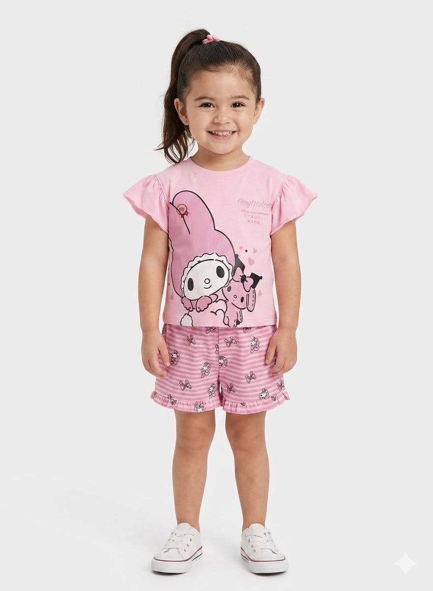 Pack of two Girls Pink Cartoon Summer Outfit Set – Cotton T-Shirt & Printed Shorts – Cute Toddler & Kids Clothing