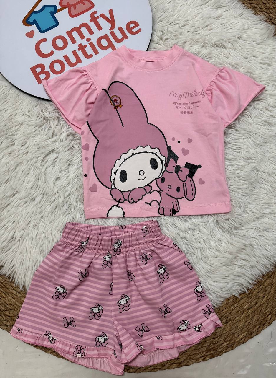 Girls Pink Cartoon Summer Outfit Set – Cotton T-Shirt & Printed Shorts | WR003G Cute Toddler & Kids Clothing