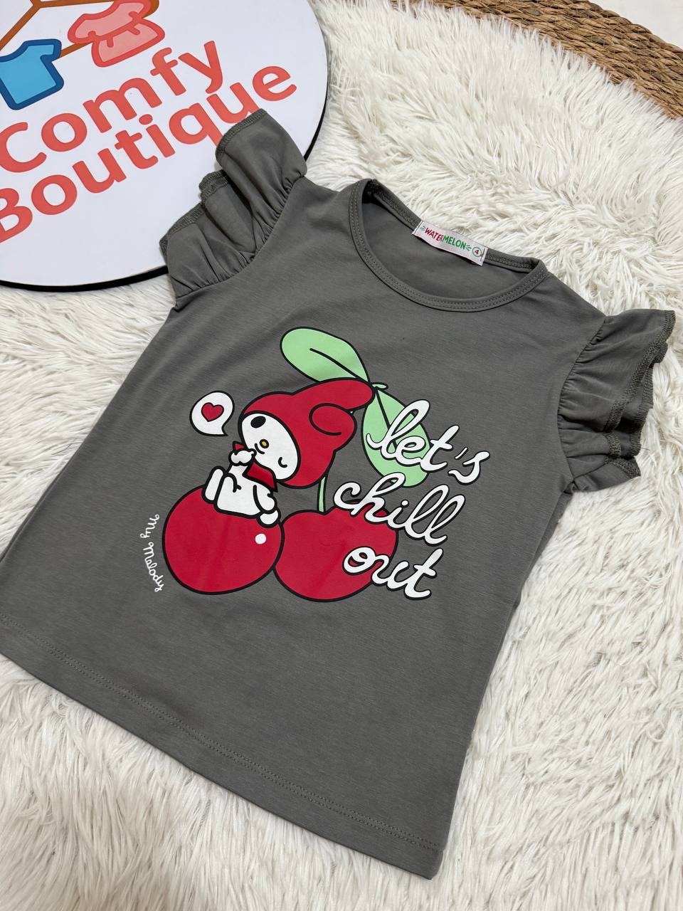 (PACK OF 2) Sanrio Hello Kitty & My Melody Girls’ Cotton T-Shirt – Flutter Sleeve Graphic Tee (Red & Charcoal Grey)|WM001G