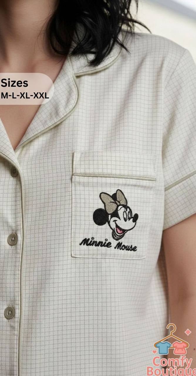 Women’s Minnie Mouse Cotton Pajama Set – Soft Button-Up Short Sleeve Loungewear, Cream | M-XXL