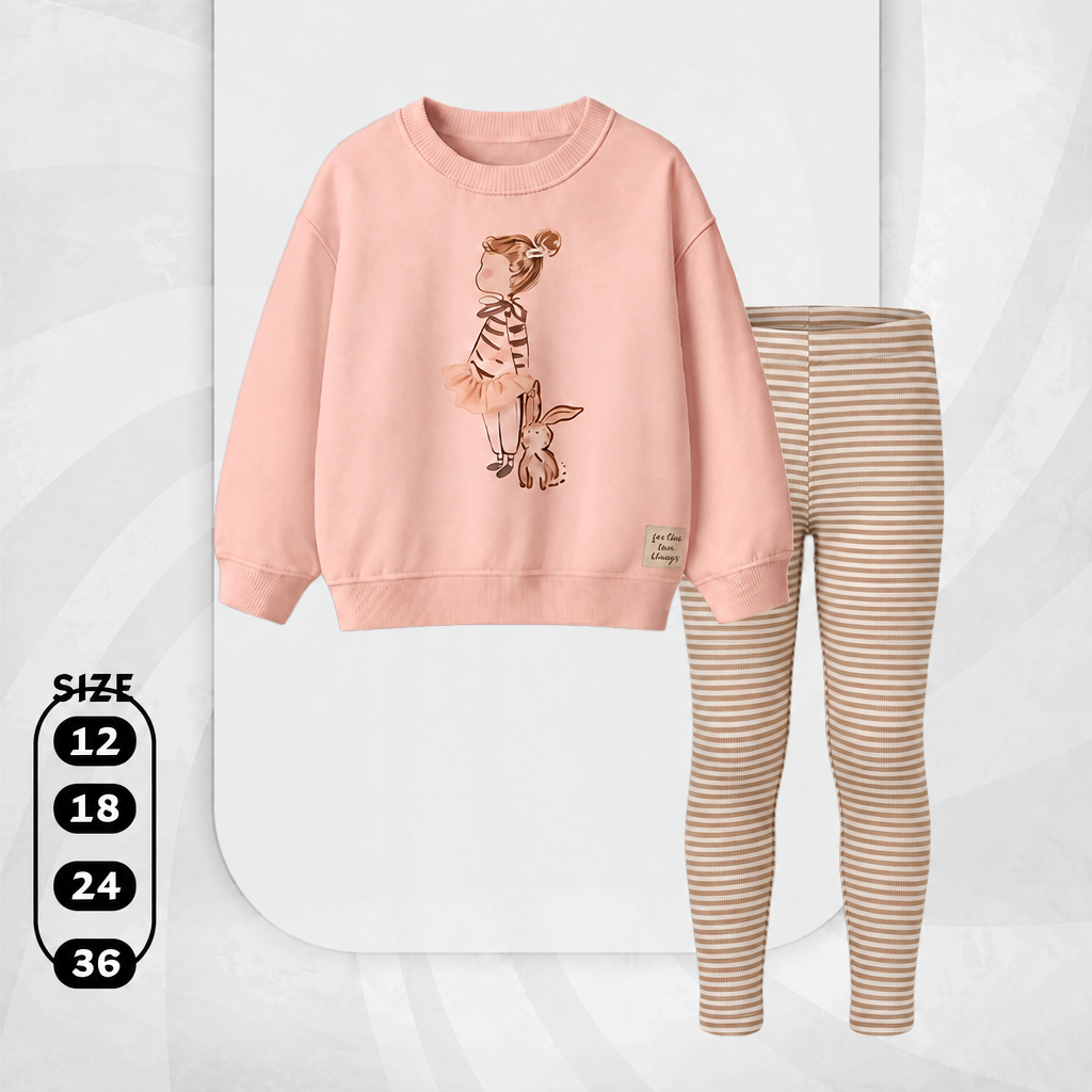 Baby Girls' Little Girl & Bunny 2-Piece Set – Peach Sweatshirt & Striped Leggings : KZ1-001G