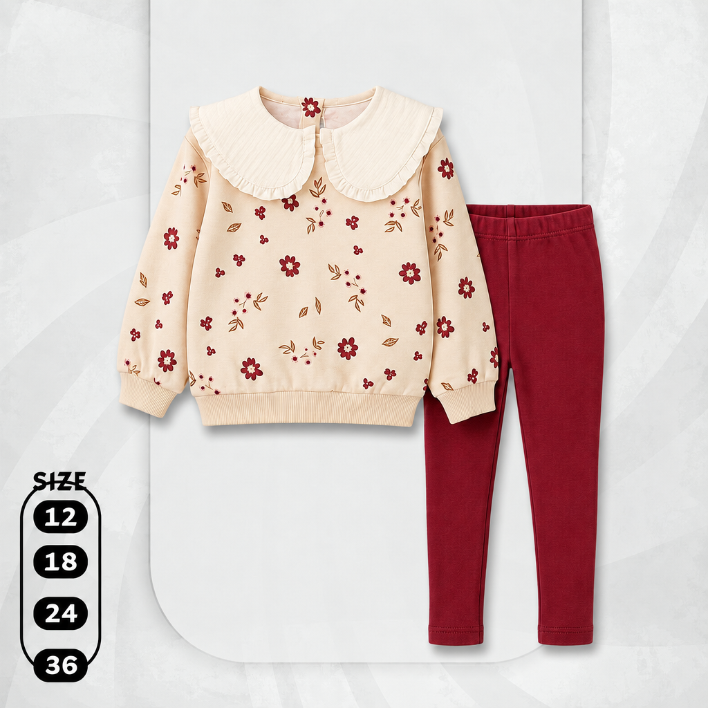 Baby Girls' Floral Ruffle Collar 2-Piece Set – Cream Sweatshirt & Burgundy Leggings : KZ1-002G