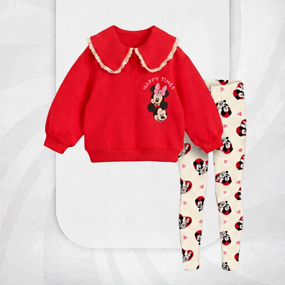 Baby Girls' Minnie & Mickey Lace Collar 2-Piece Set – Red Sweatshirt & Printed Leggings : KZ1-005G