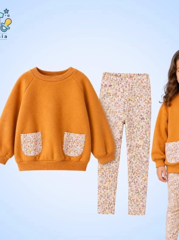 Girls' Floral Pocket 2-Piece Set – Mustard Sweatshirt & Floral Leggings : KZ2-002G