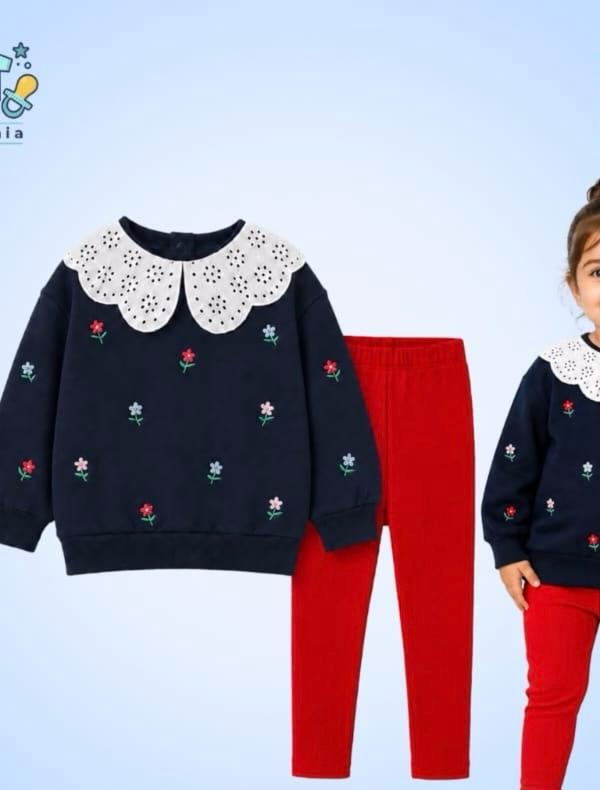 Girls' Embroidered Flower Collar 2-Piece Set – Navy Sweatshirt & Red Leggings : KZ2-004G