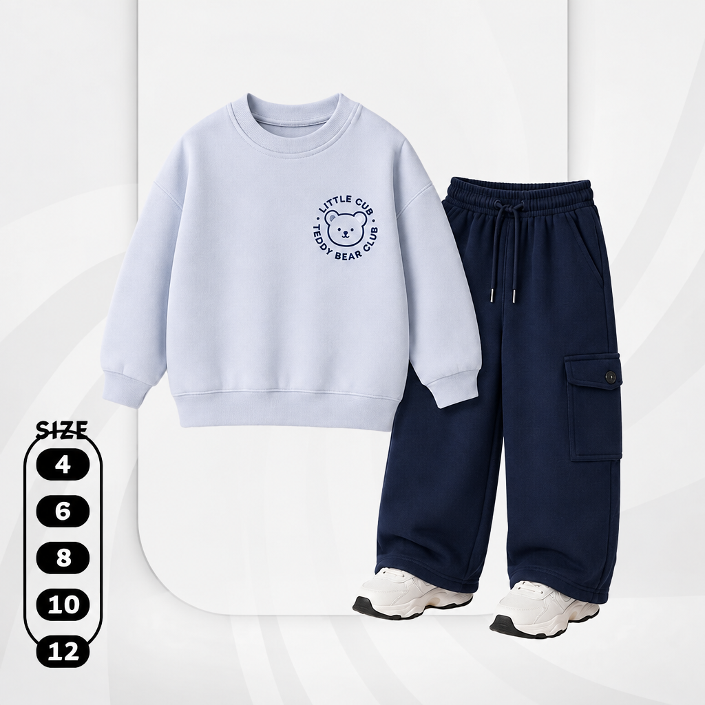 Boys' Teddy Bear Club 2-Piece Set – Light Blue Sweatshirt & Navy Cargo Pants : KZ3-003B