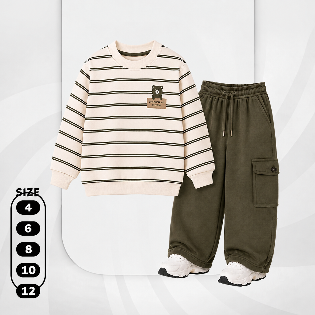 Boys' Striped Little Bear Cub 2-Piece Set – Cream Sweatshirt & Olive Cargo Pants : KZ3-004B