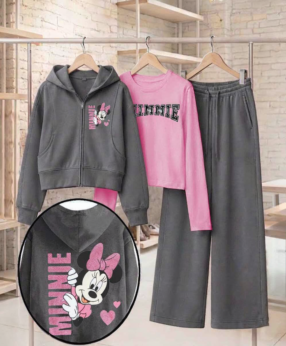 Girls' Minnie Mouse 3-Piece Set – Grey Zip-Up Hoodie, Pink Top & Wide-Leg Pants : LP1-001G