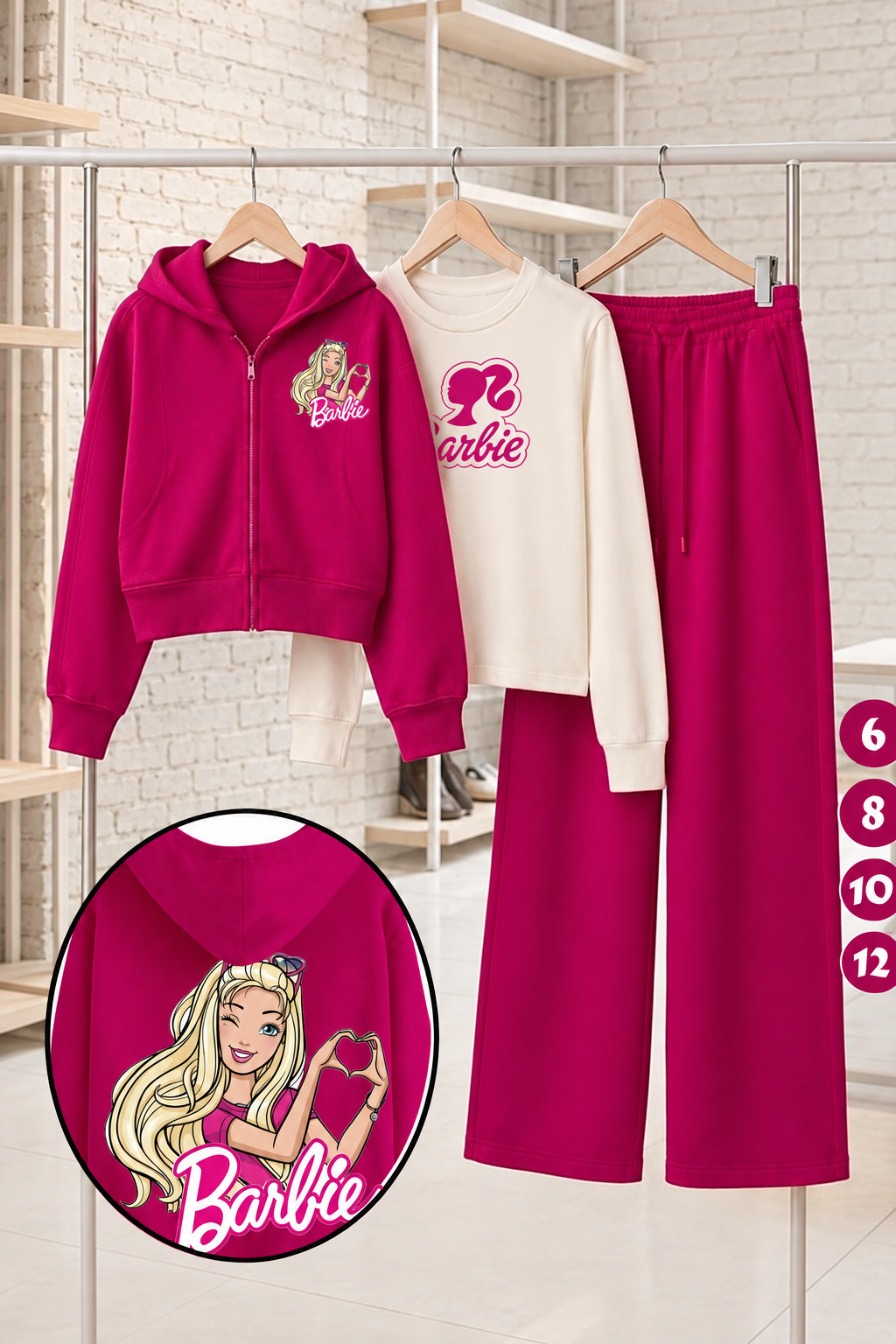 Girls' Barbie 3-Piece Set – Pink Zip-Up Hoodie, Cream Top & Wide-Leg Pants : LP1-003G
