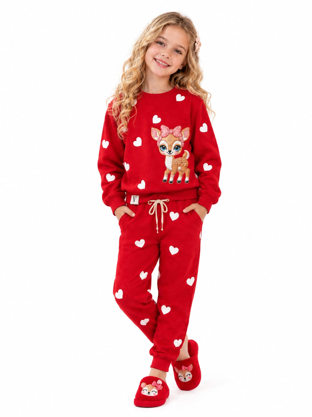 Girls’ Red Deer Heart Pajama Set : VA4-001G