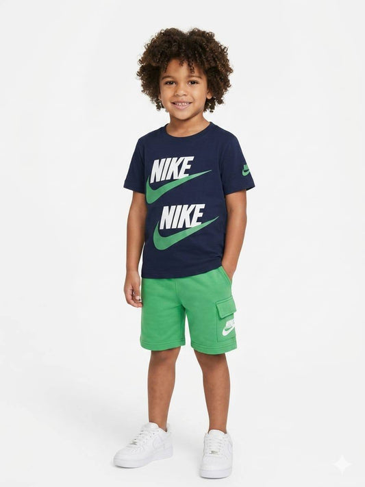 Nike Kids T-Shirt & Cargo Shorts Set – Navy & Green | Summer Outfit for Boys DB801B