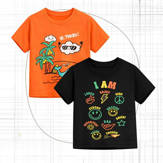 (PACK OF TWO).               Boys Printed Cotton T-Shirt – Summer Casual Graphic Tee for Kids | Orange & Black | KB014B
