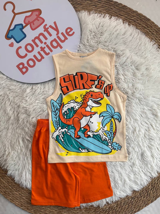 Boys Dinosaur Cotton Tank Top & Shorts Set – Summer Sleeveless Kids Outfit | Orange | ZM006B