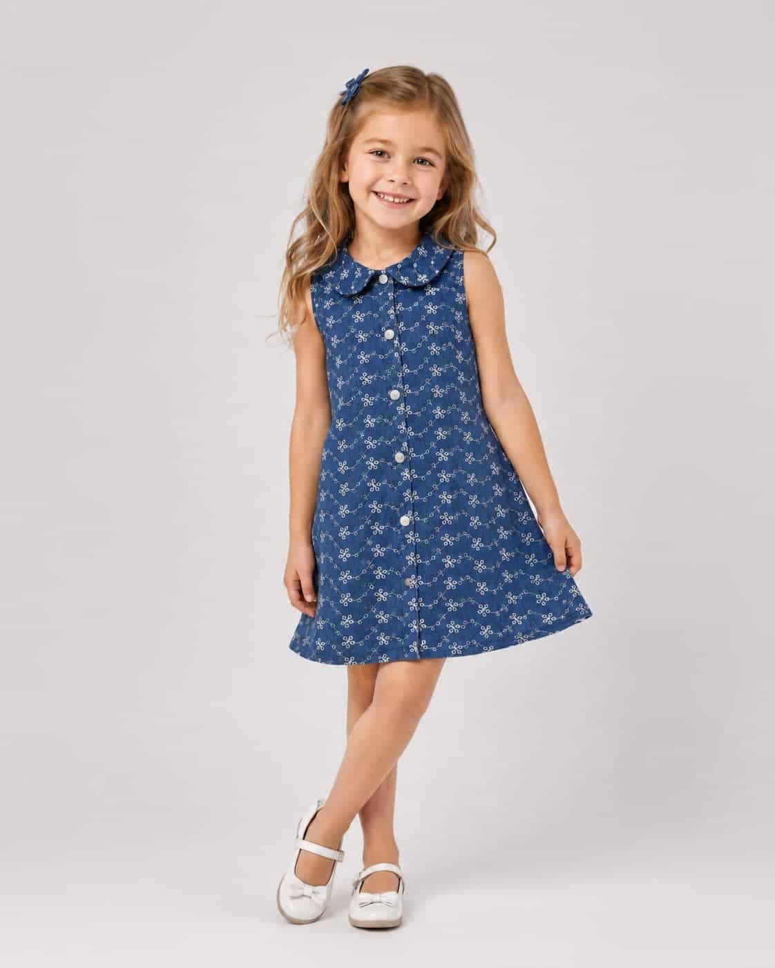 Blue Collared Dress – Girl (Button Front)