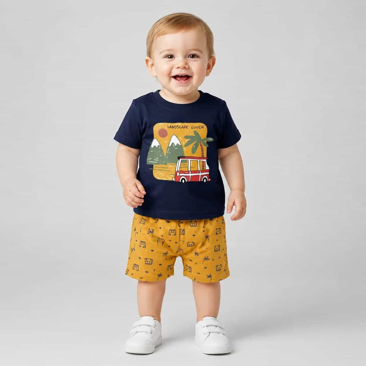 Adventure Navy Shorts Set – Boy (Bus Graphic)