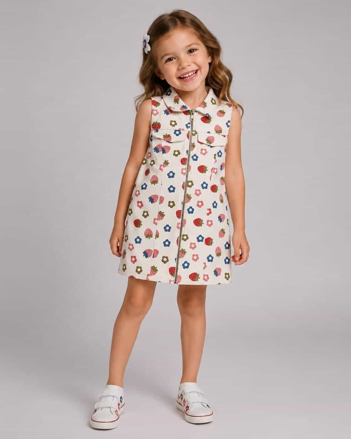 Colorful Motif White Dress – Girl (Collared)