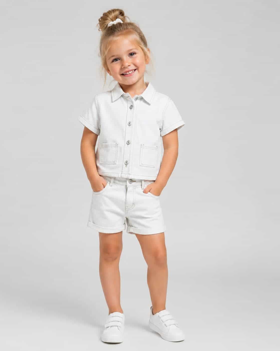White Button Shorts Set – Girl (Patch Pockets)