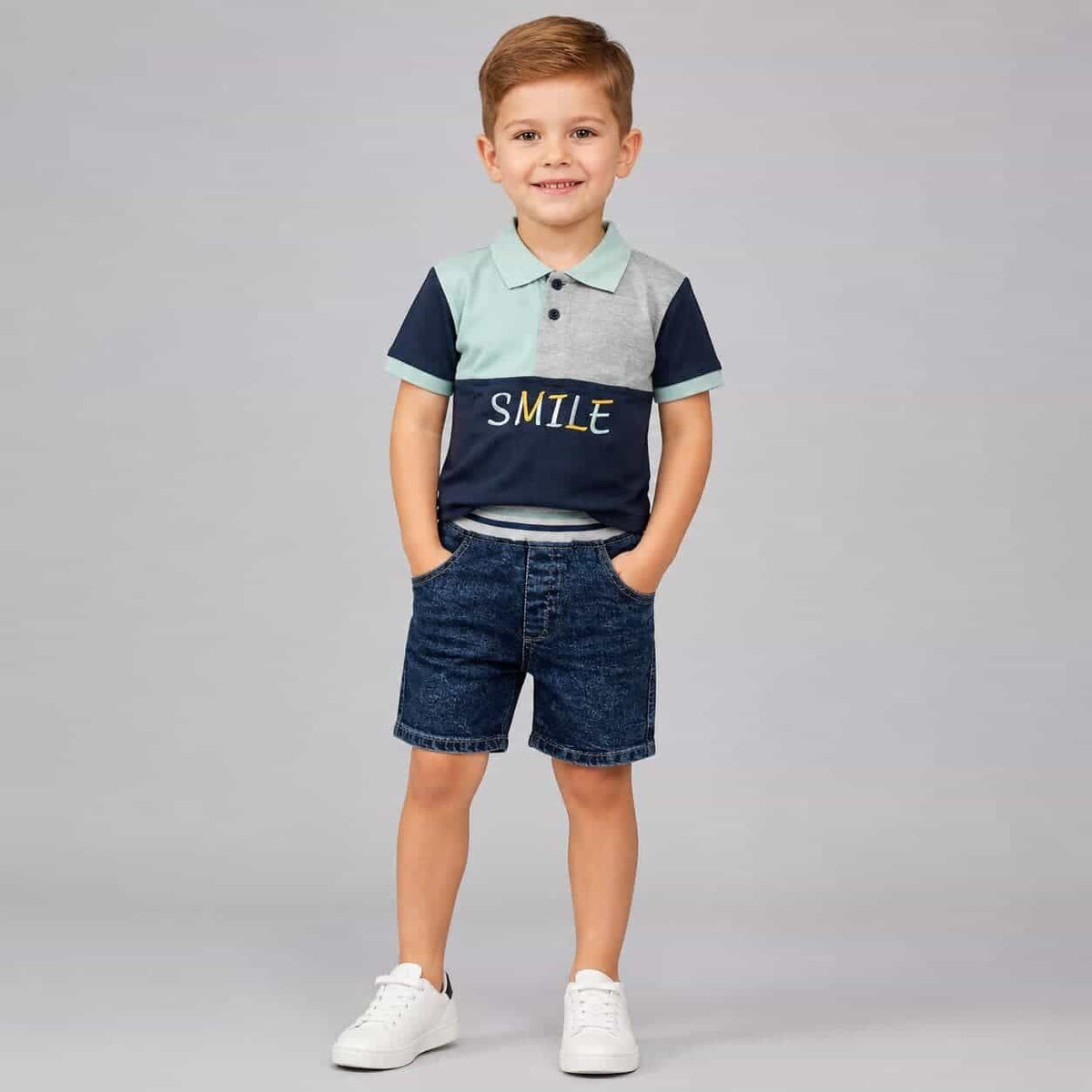 Smile Navy Polo Shorts Set – Boy (Mint Color Block Top)