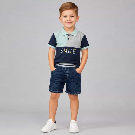 Smile Navy Polo Shorts Set – Boy (Mint Color Block Top)