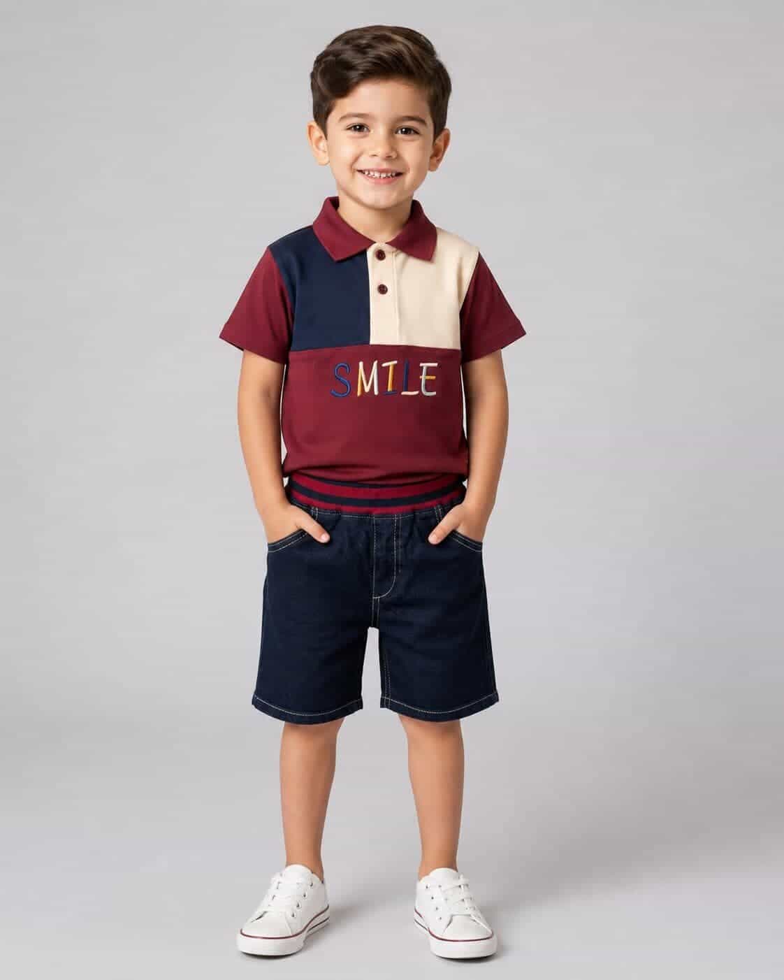 Smile Burgundy Polo Shorts Set – Boy (Color Block Top)
