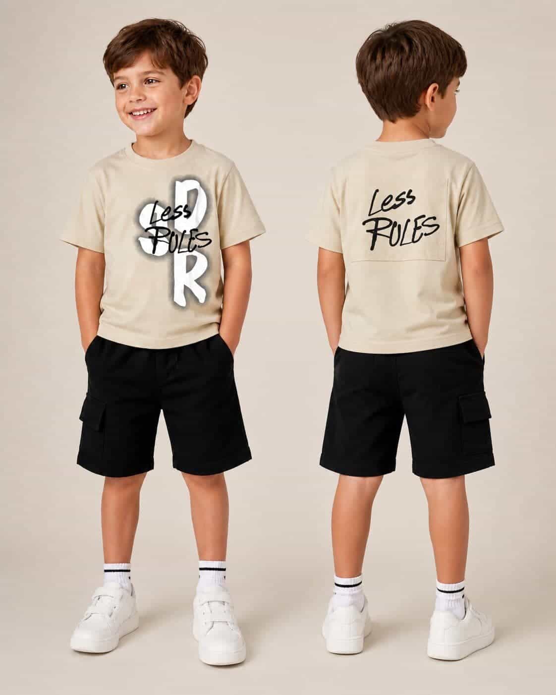 Less Rules Beige Shorts Set – Boy (Front Graphic)