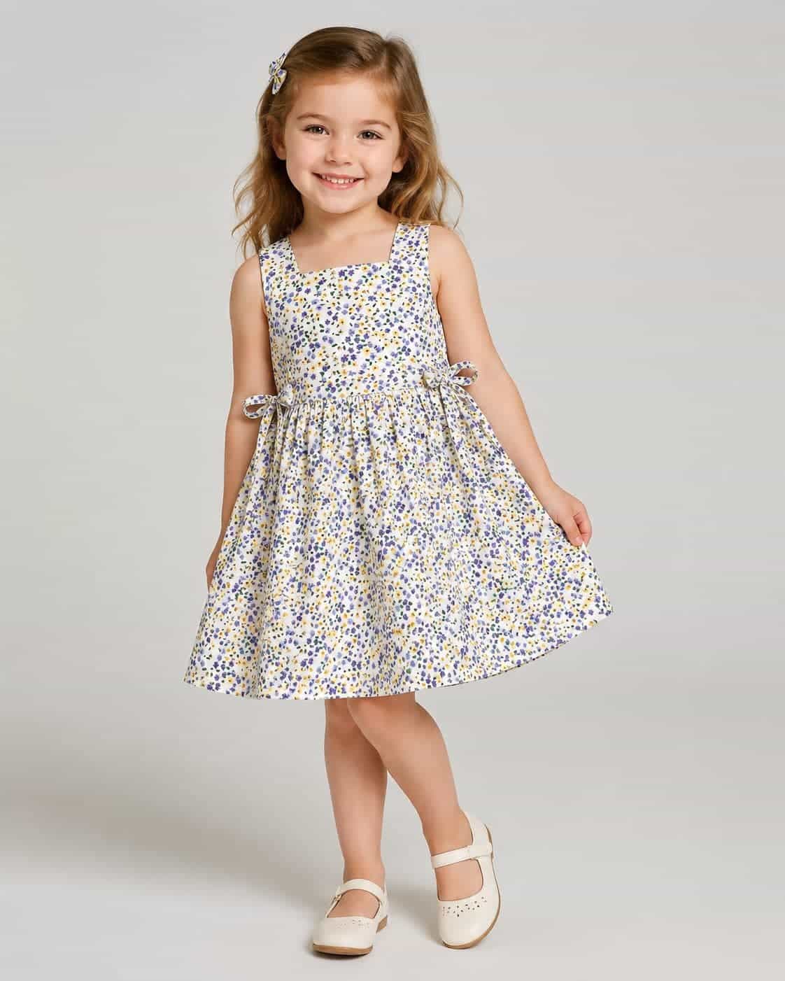 Blue Yellow Floral White Dress – Girl (Side Bows)