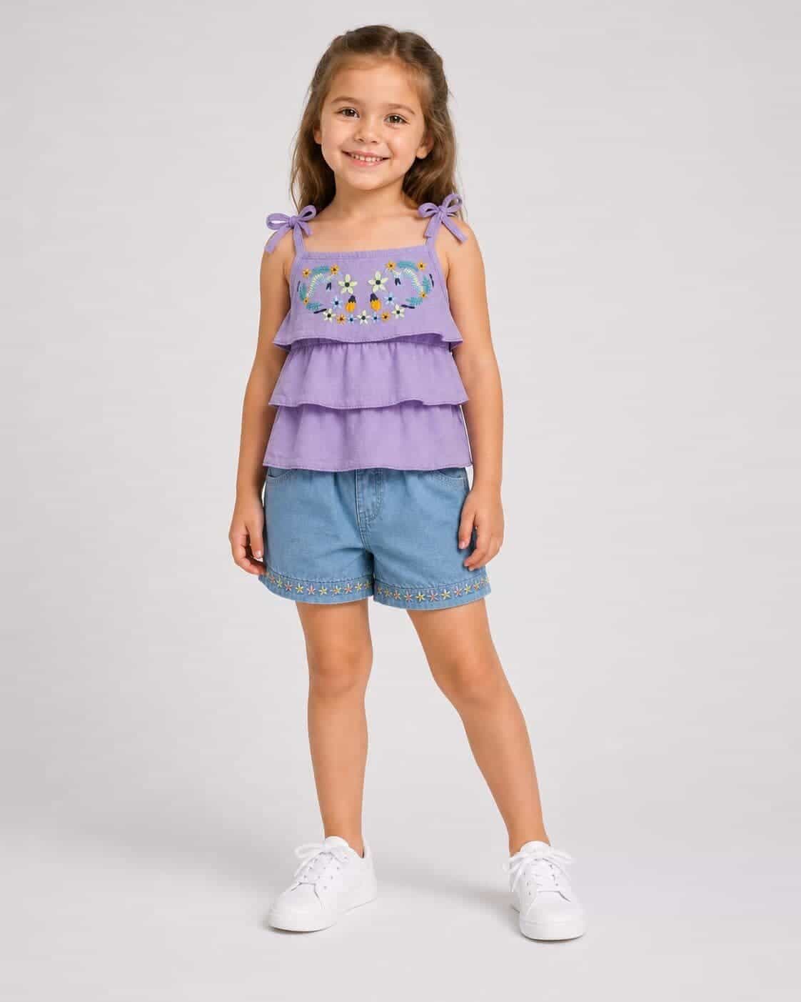 Floral Embroidered Purple Shorts Set – Girl (Ruffle Top)