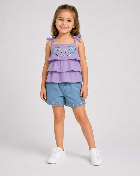 Floral Embroidered Purple Shorts Set – Girl (Ruffle Top)