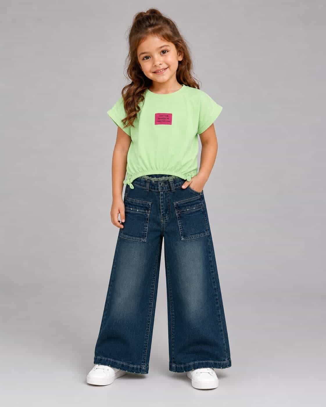 Green Wide-Leg Jeans Set – Girl (Side Bows)