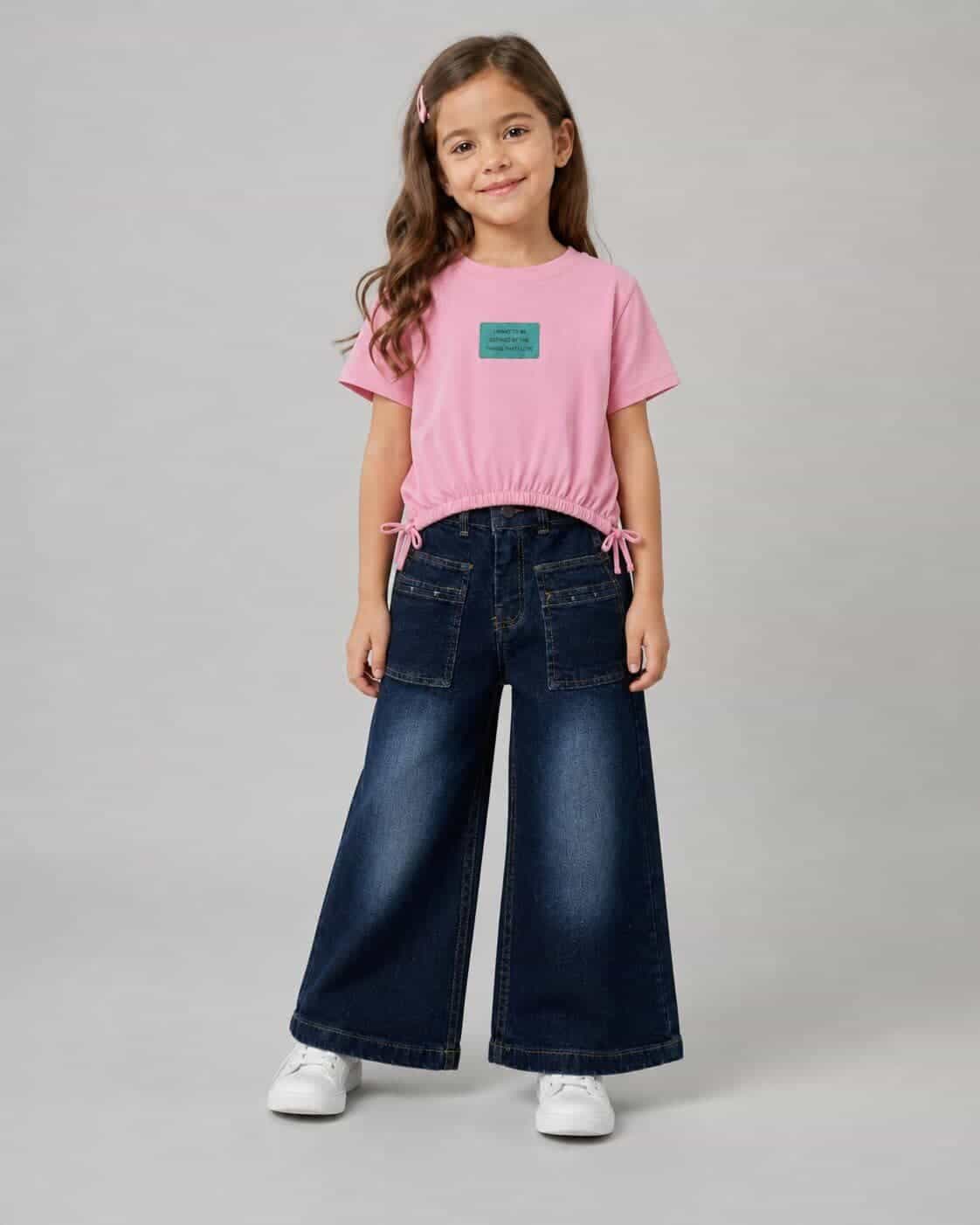 Pink Wide-Leg Jeans Set – Girl (Side Bows)