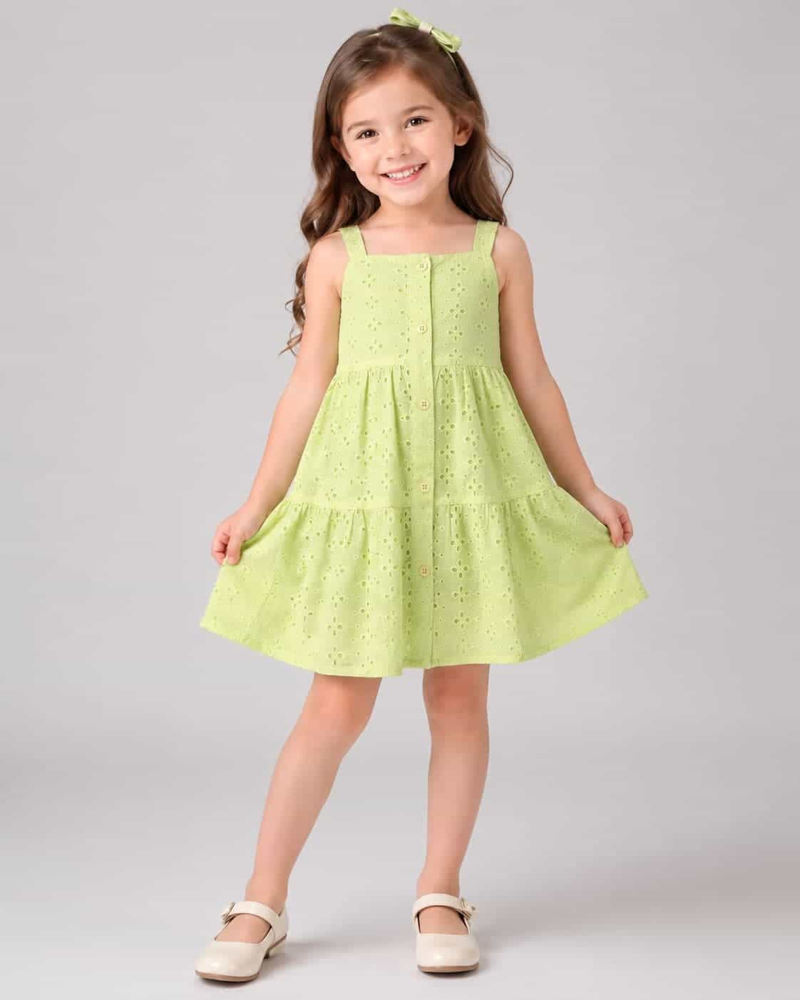 Tiered Green Dress – Girl (Button Front)