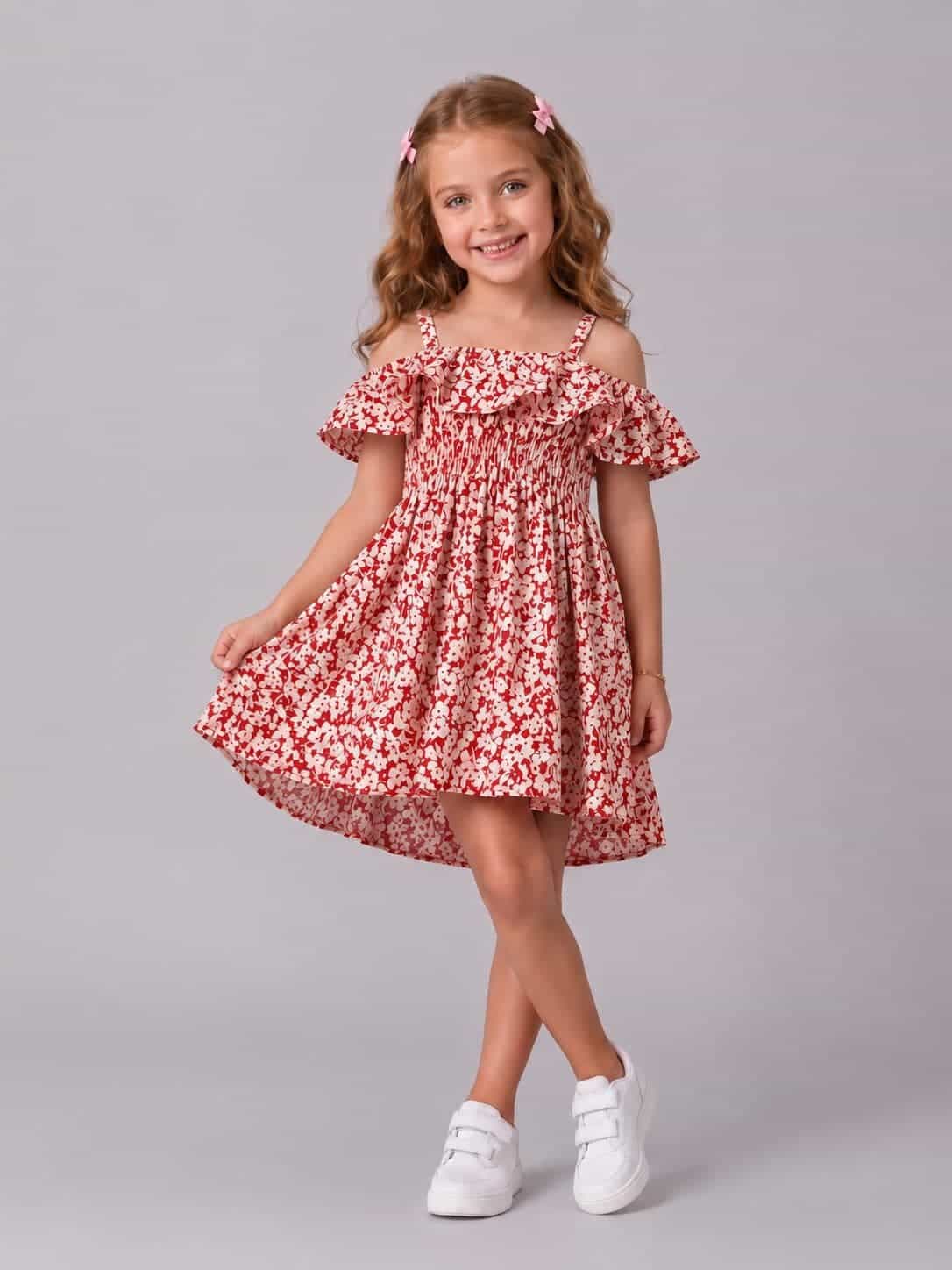 Red Floral Cold Shoulder Dress – Girl (Ruffle Neckline)