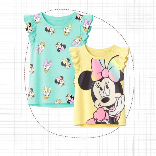 (PACK OF TWO).               Girls Disney Minnie Mouse Cotton Flutter Sleeve T-Shirt – Summer Casual Kids Top | Yellow & Mint | KB012G