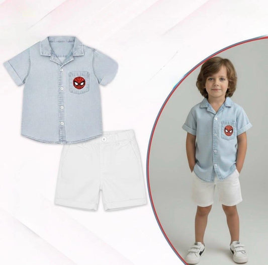 Spider-Man Boys Denim Shirt & White Shorts Set