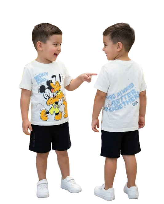 Boys Disney Mickey Mouse & Pluto Cotton T-Shirt and Shorts Set BQ004B – Summer Kids Outfit | White & Black BQ004B