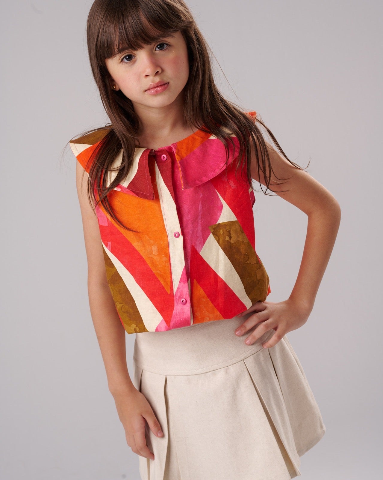 Girls Colorful Printed Sleeveless  TShirt Summer Cotton Outfit with Peter Pan Collar | JM5206
