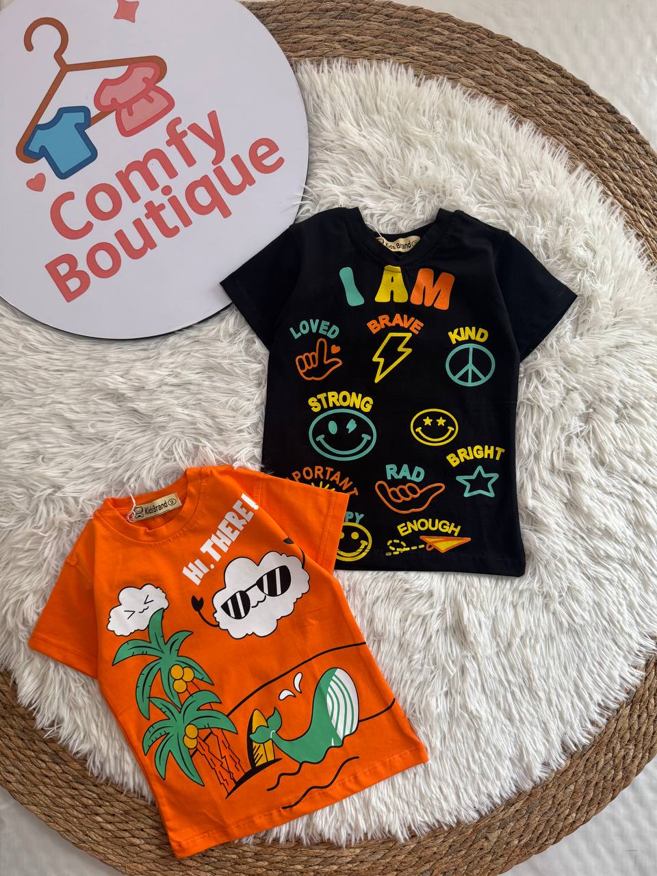(PACK OF TWO).               Boys Printed Cotton T-Shirt – Summer Casual Graphic Tee for Kids | Orange & Black | KB014B
