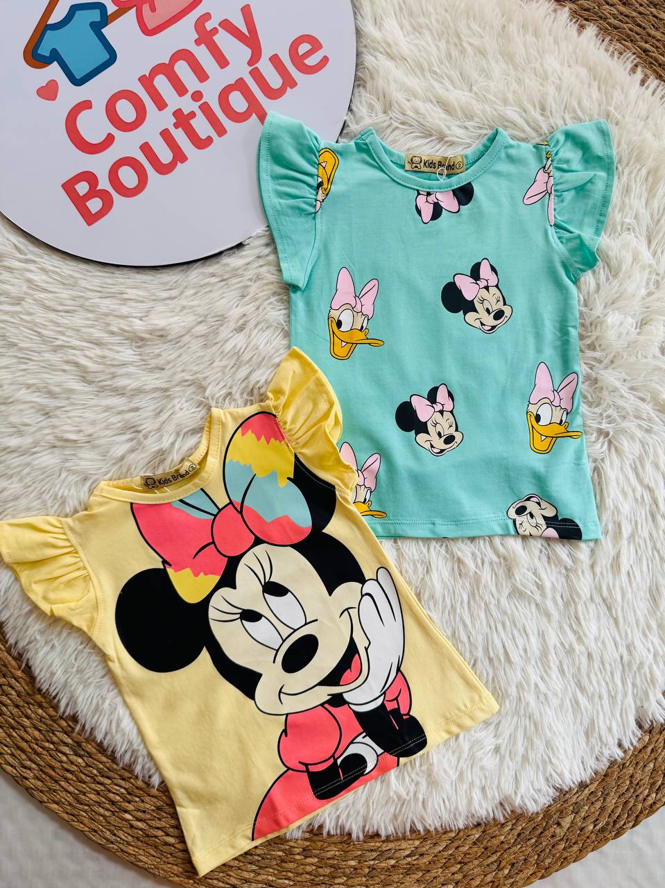 (PACK OF TWO).               Girls Disney Minnie Mouse Cotton Flutter Sleeve T-Shirt – Summer Casual Kids Top | Yellow & Mint | KB012G