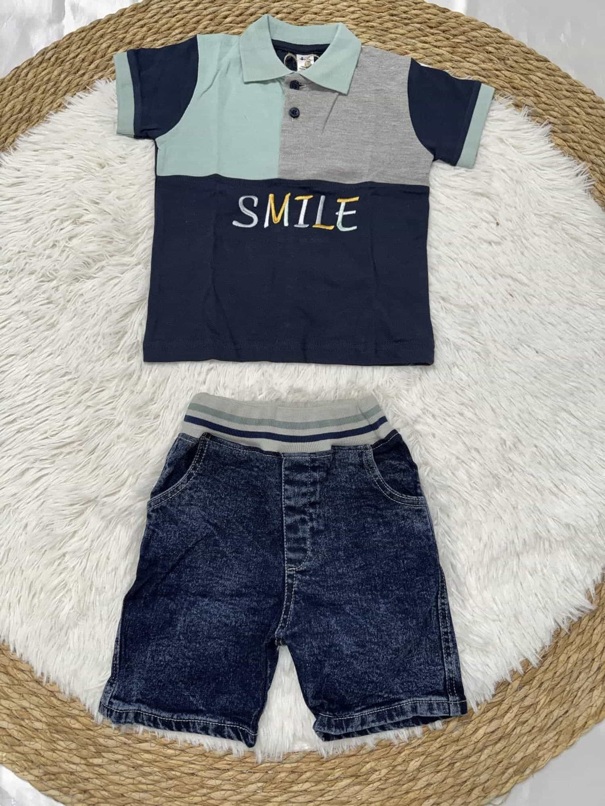Smile Navy Polo Shorts Set – Boy (Mint Color Block Top)