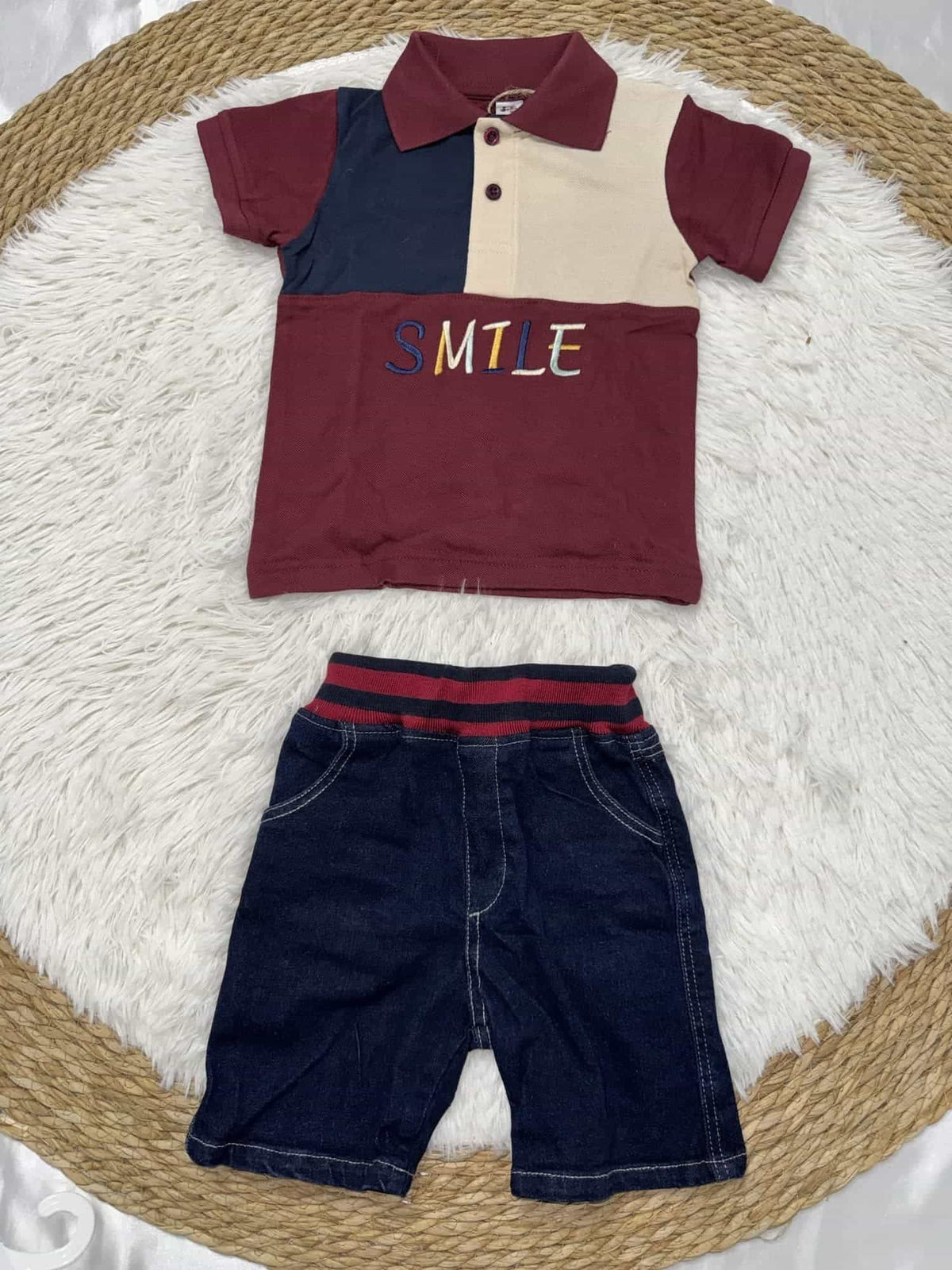 Smile Burgundy Polo Shorts Set – Boy (Color Block Top)