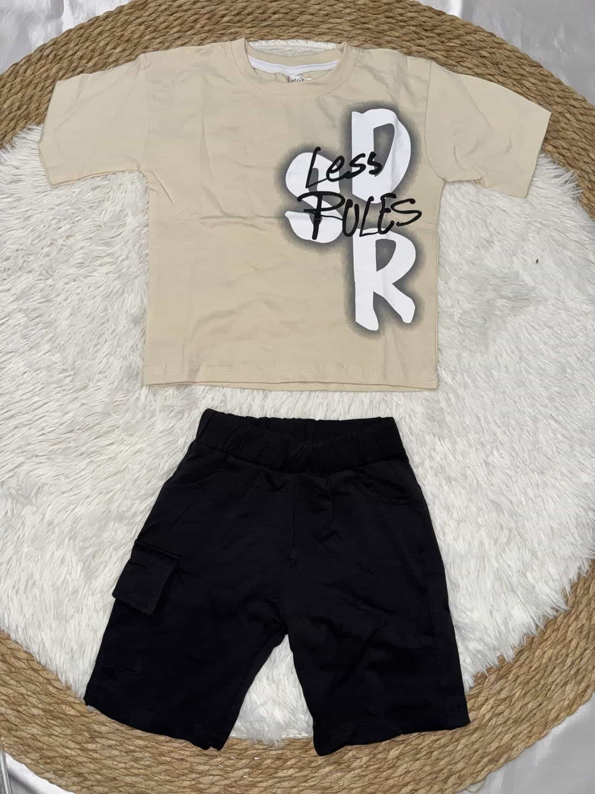 Less Rules Beige Shorts Set – Boy (Front Graphic)