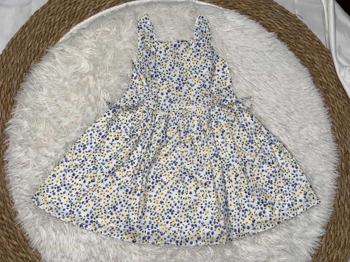 Blue Yellow Floral White Dress – Girl (Side Bows)