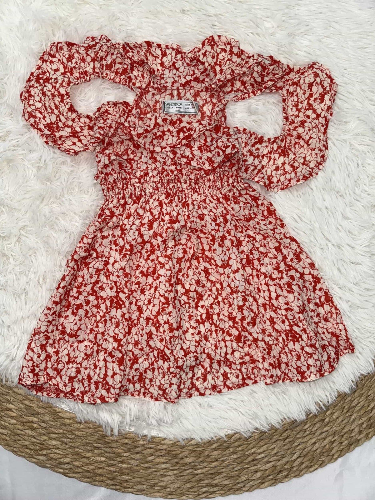 Red Floral Cold Shoulder Dress – Girl (Ruffle Neckline)
