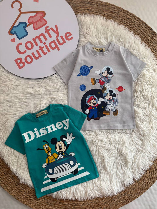 (PACK OF TWO)                Boys Disney Mickey Mouse Printed Cotton T-Shirt – Summer Casual Kids Tee | Grey & Green|  KB015B