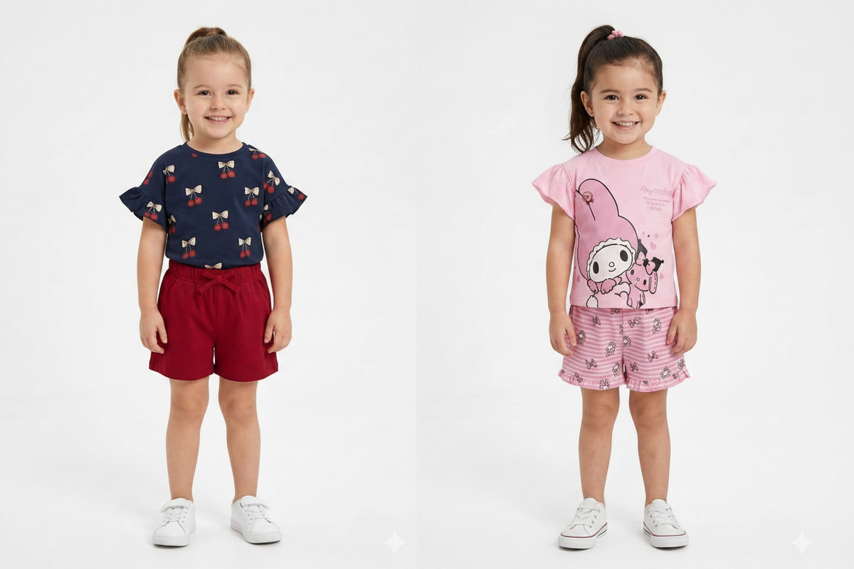 Pack of two Girls Pink Cartoon Summer Outfit Set – Cotton T-Shirt & Printed Shorts – Cute Toddler & Kids Clothing