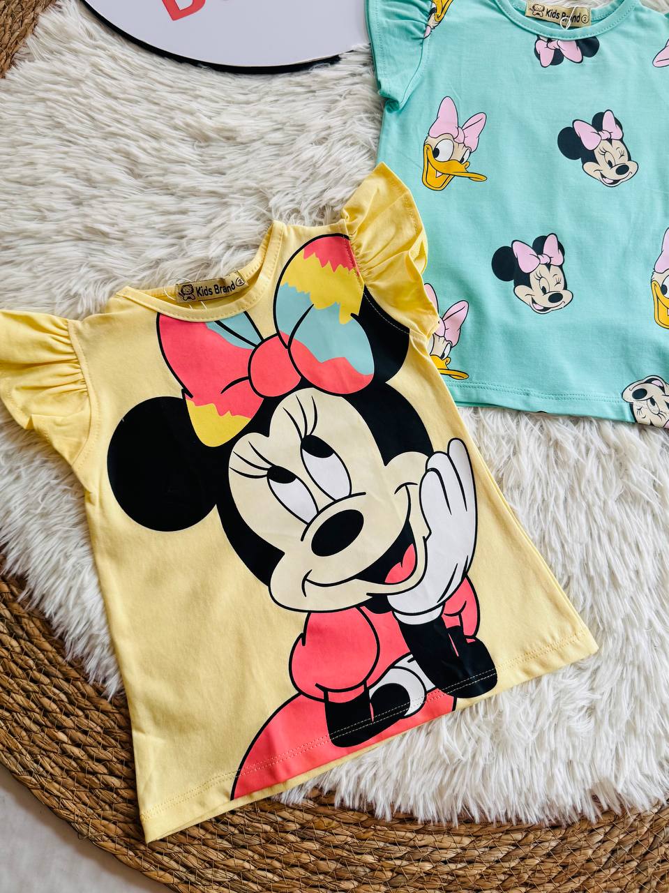 (PACK OF TWO).               Girls Disney Minnie Mouse Cotton Flutter Sleeve T-Shirt – Summer Casual Kids Top | Yellow & Mint | KB012G